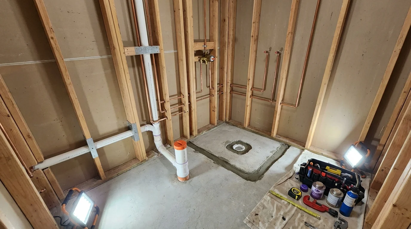 Bathroom rough-in plumbing during remodel by Johns Plumbing LLC in Mills