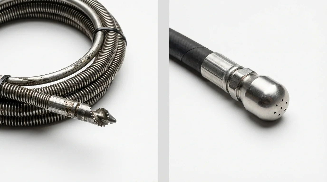 Drain snake cable and hydro jetting nozzle used for drain cleaning in Mills, WY