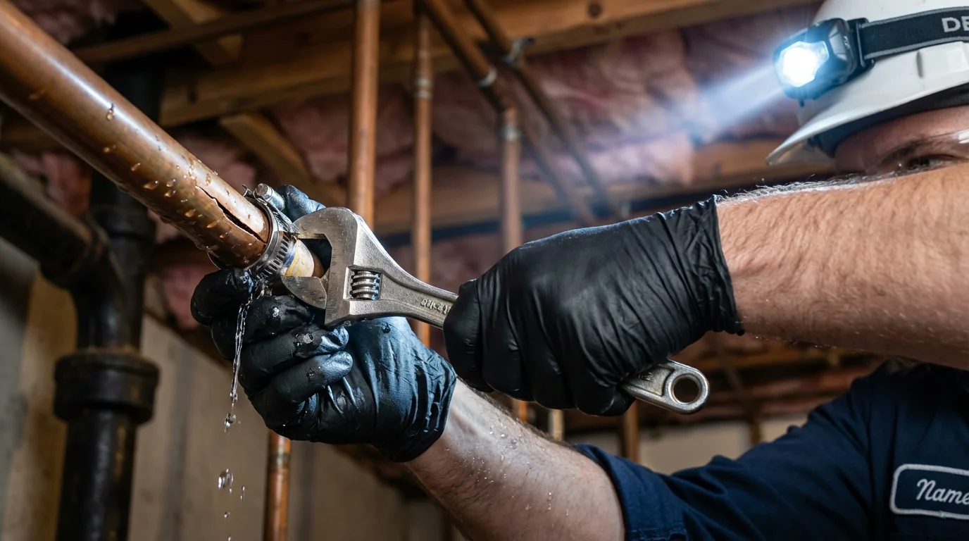 Emergency pipe clamp repair being performed by a Johns Plumbing LLC plumber in Mills