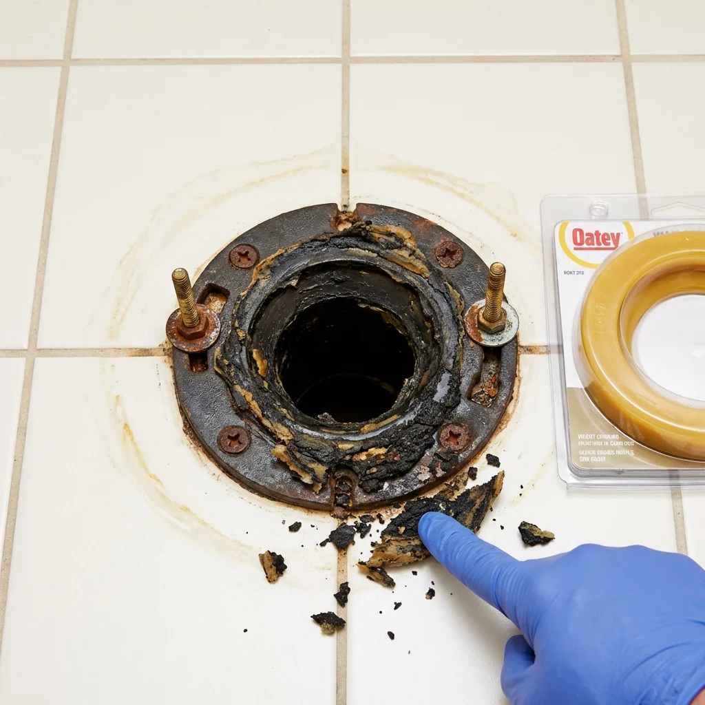 Failed wax ring showing water seepage at the base of a toilet in a Mills, WY home