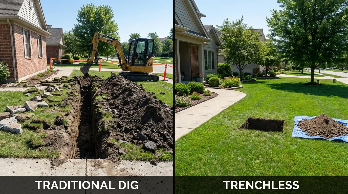 Trenchless sewer repair with minimal yard damage versus traditional excavation in Mills, WY