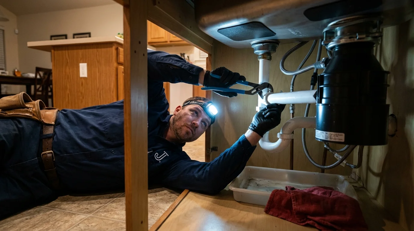 P-trap and supply line connections under a kitchen sink showing a common leak point in Mills, WY